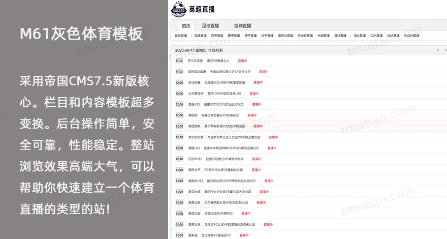 NBA足球赛事灰色简洁干净体育直播M61模板赛事源码